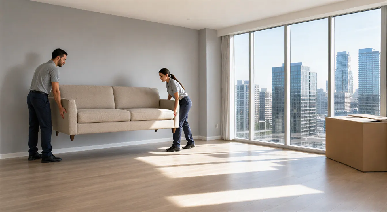 Ein Umzugsteam positioniert einen beigen Sofa in einem leeren, sonnendurchfluteten Wohnzimmer mit Stadtblick.