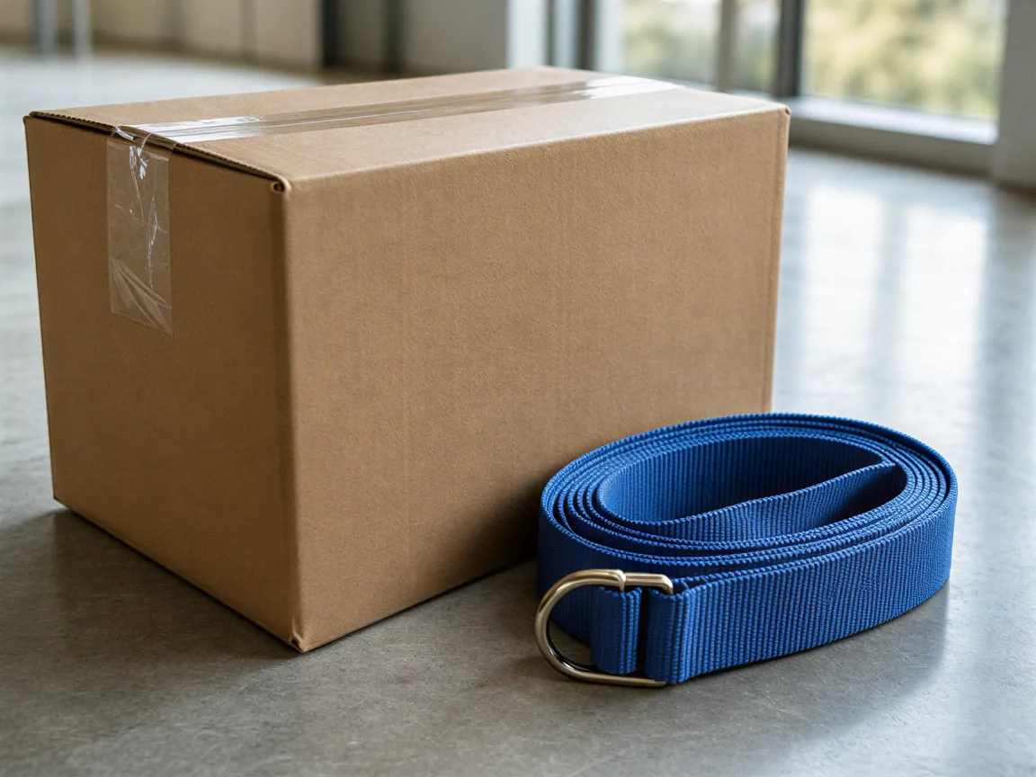 Ein moderner Umzugskarton aus Wellpappe mit Klebeband versiegelt und eine blaue Nylonspannschlaufe auf einem Betonboden