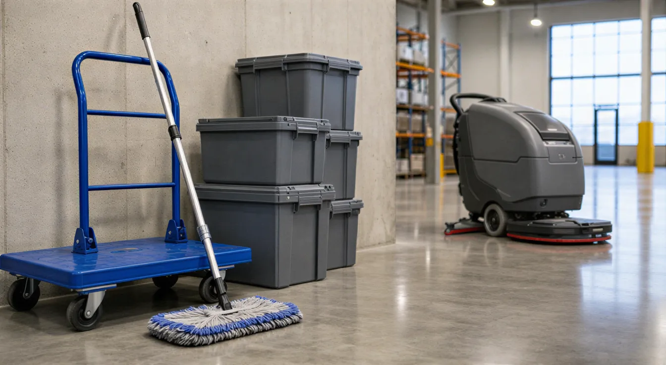 Ein aufgeräumtes Industrielager mit blauer Transportrolle, Wischmopp und Reinigungsgeräten vor einer Betonwand.