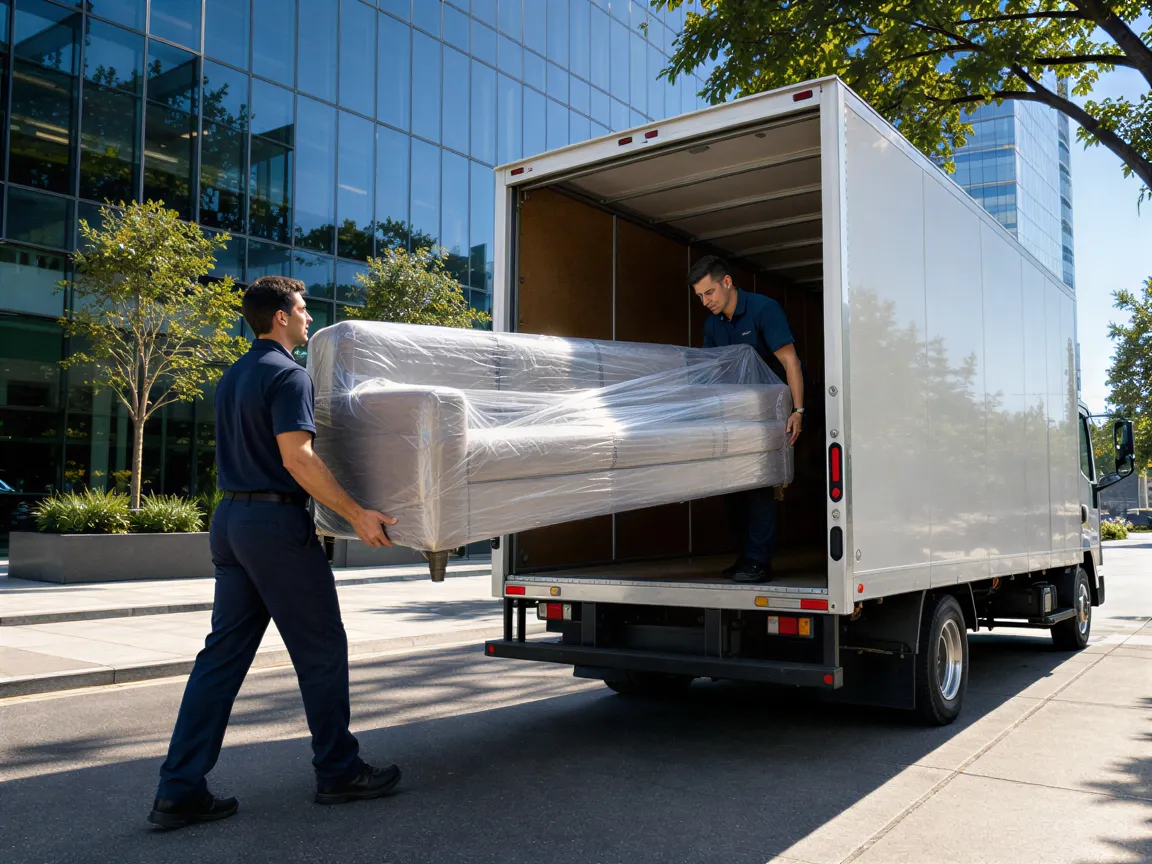 Zwei Arbeiter laden ein eingepacktes Sofa in einen weißen Umzugswagen vor einem Bürogebäude.