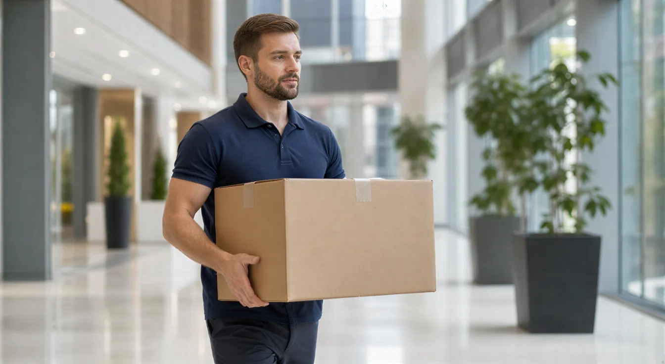 Ein professioneller Möbelpacker trägt einen Karton durch die helle Lobby eines modernen Bürogebäudes.
