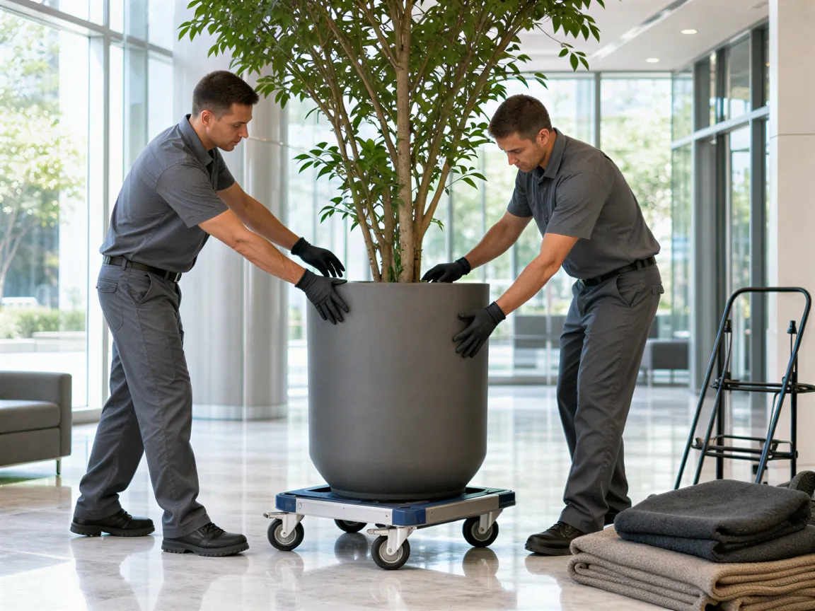 Zwei Umzugshelfer transportieren einen großen Topfbaum auf einem Spezialwagen durch eine helle Bürolobby.