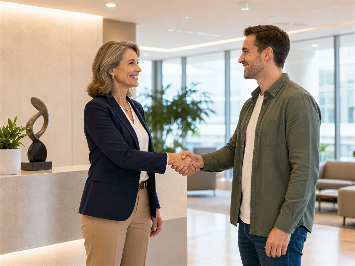 Eine reife Geschäftsfrau schüttelt in einem modernen Empfangsbereich vertrauensvoll die Hand eines Kunden.