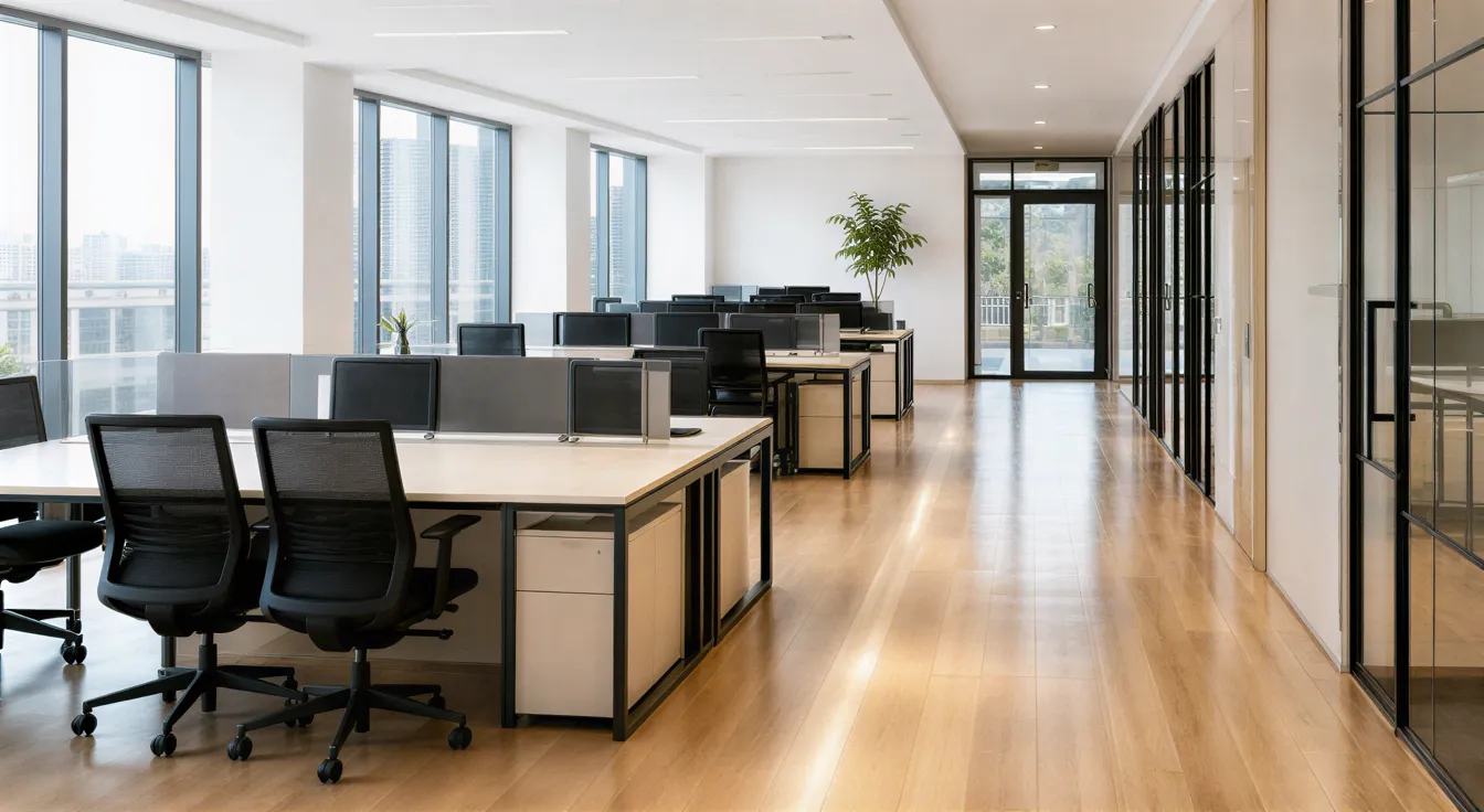 Ein sauberes, modernes Büro mit großen Fenstern, glänzenden Holzböden und einem leeren Besprechungstisch.