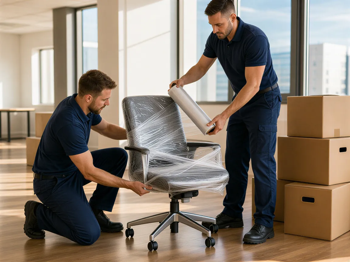 Zwei Umzugshelfer wickeln einen Bürostuhl sorgfältig in Schutzfolie ein.