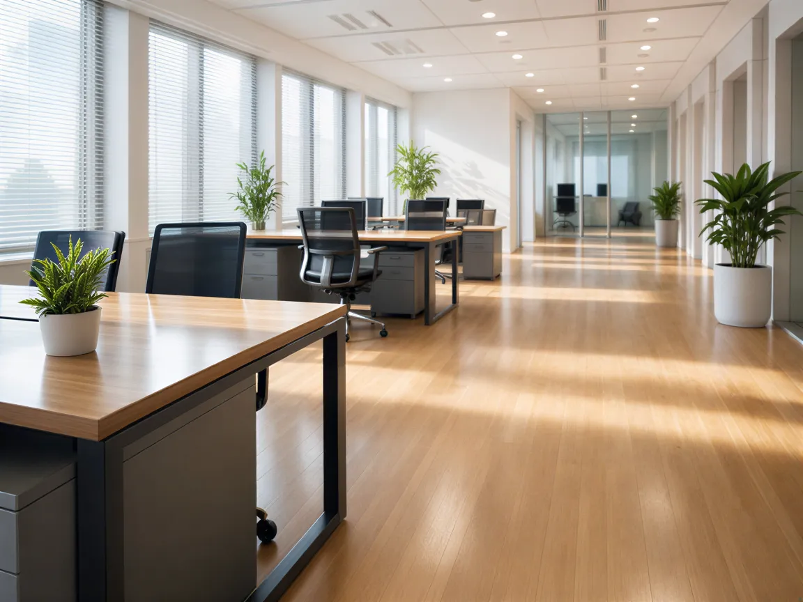 Ein sauberes, leeres Büro mit glänzendem Holzboden, modernem Schreibtisch und einer Topfpflanze im Sonnenlicht.
