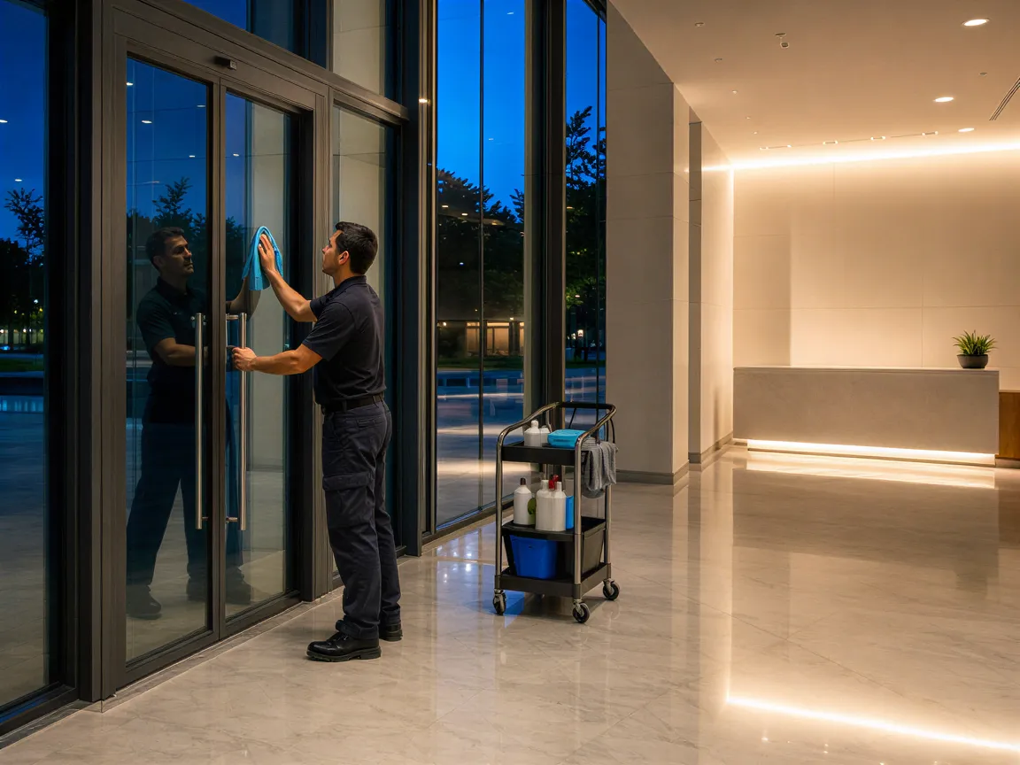 Ein Hausmeister poliert die Glastüren einer leeren, modernen Bürolobby bei Nacht.