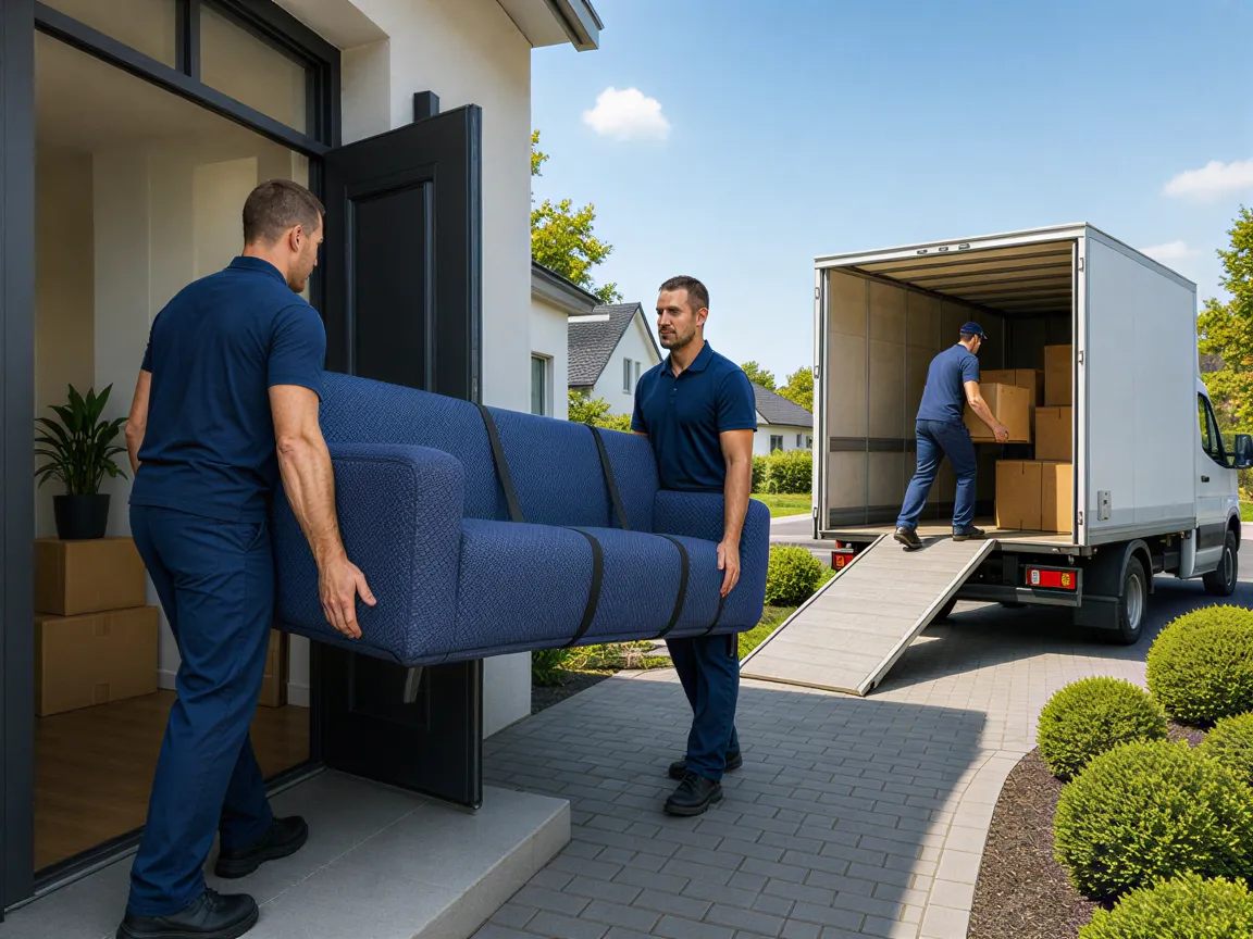 Ein Umzugsteam trägt ein Sofa in ein Haus, während ein Kollege Kartons in einen Lkw lädt.