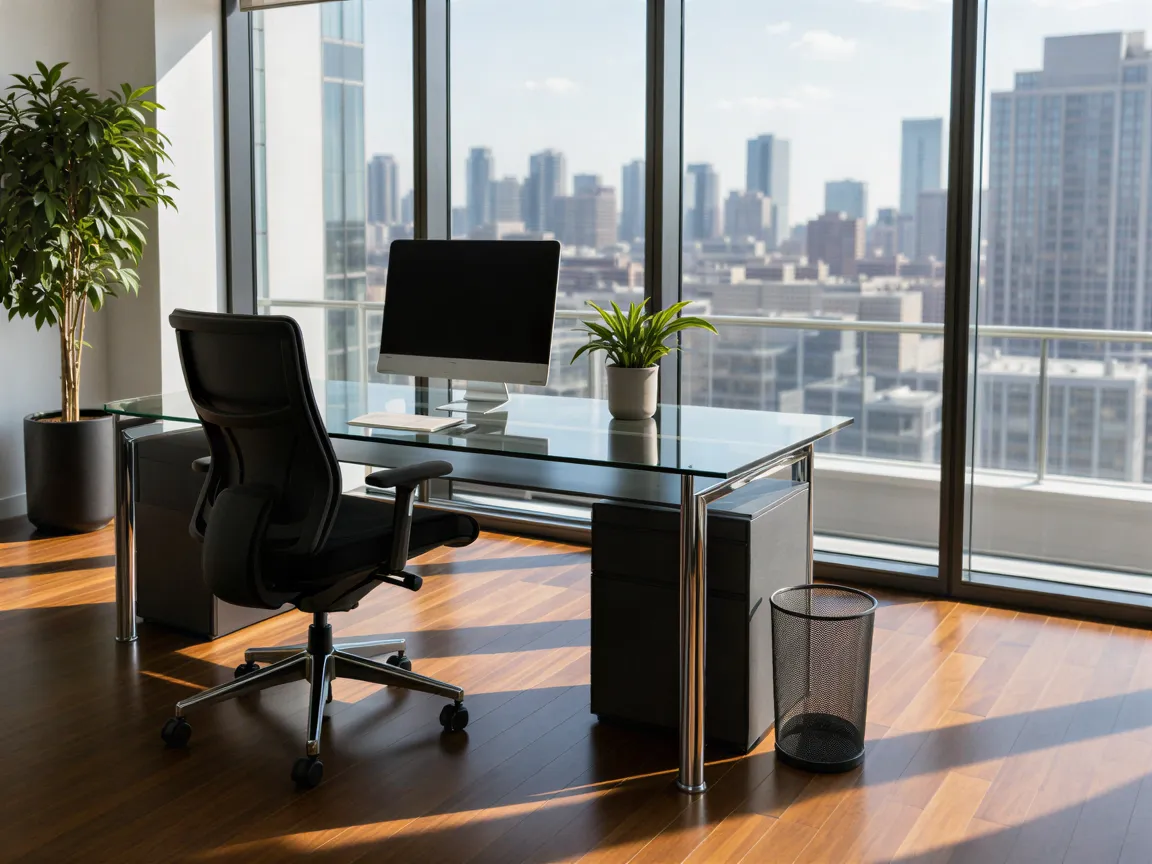 Ein makellos sauberes und sonnendurchflutetes Büro mit Glas-Schreibtisch und Blick auf die Skyline.