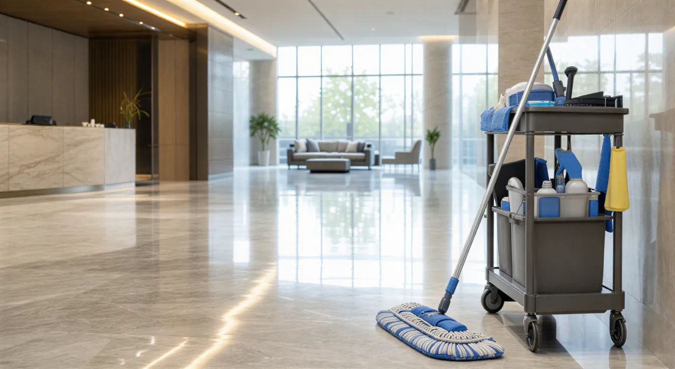 Ein sauberes modernes Bürofoyer mit glänzendem Marmorboden und einem Reinigungswagen mit Wischmopp.