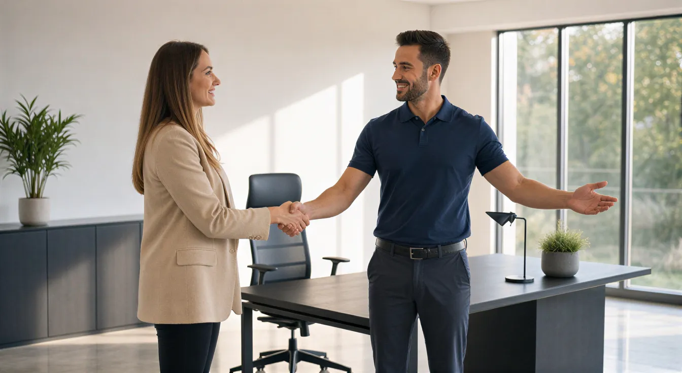 Eine Beraterin und ein Kunde schütteln sich die Hände in einem sauberen, modernen Büro mit leeren Oberflächen.