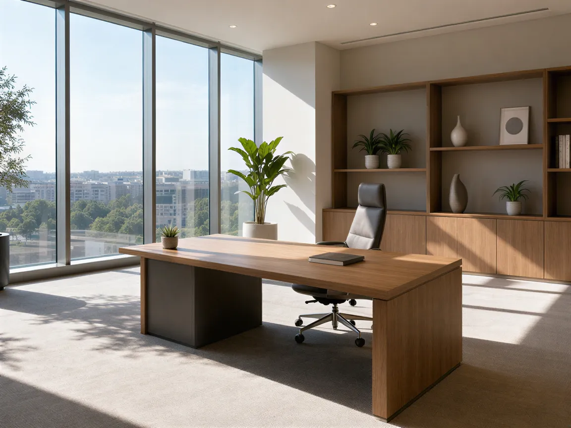 Ein leerer, moderner Bürobereich mit einem hellen Schreibtisch, ergonomischem Stuhl und minimalistischen Regalen.
