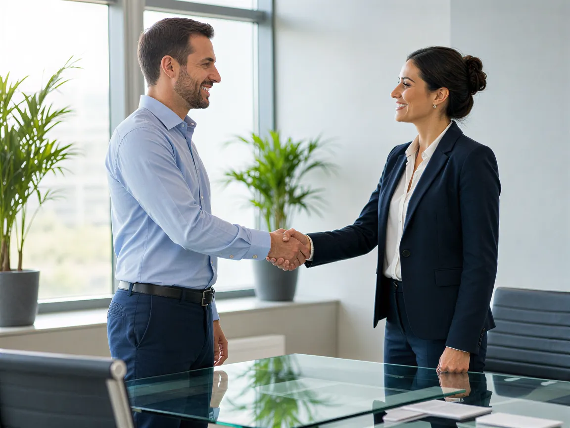 Ein Mann und eine Frau in Businesskleidung schütteln sich in einem modernen Büro die Hände.