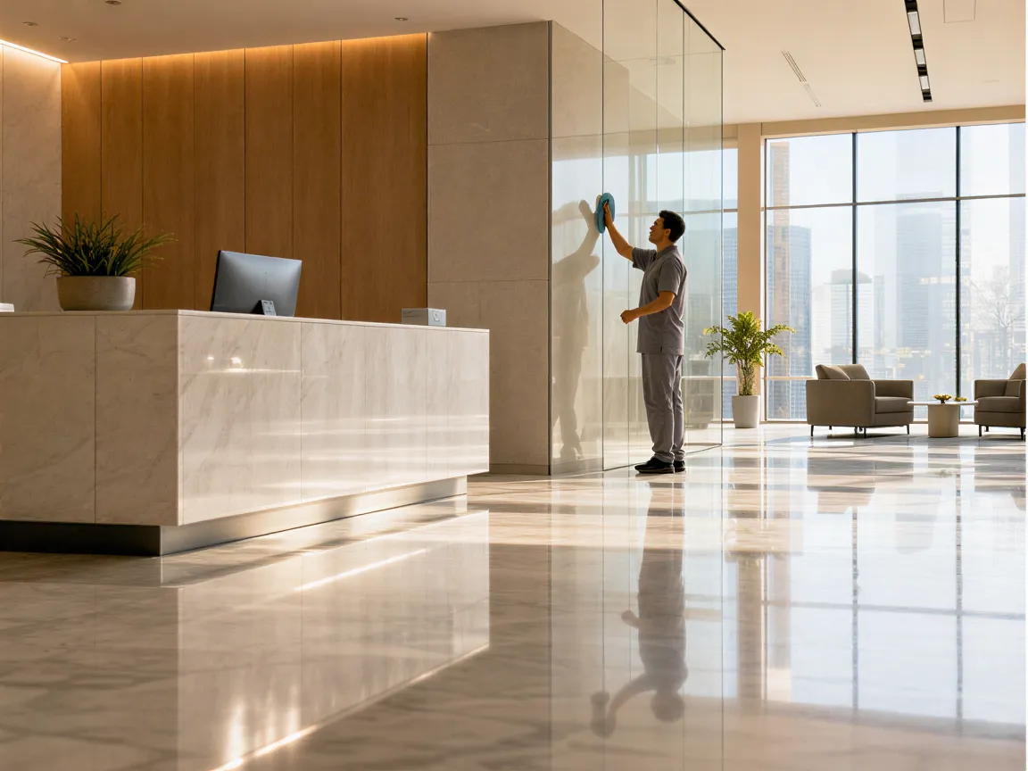 Ein Reinigungskraft poliert eine Glaswand in der sonnendurchfluteten, modernen Lobby eines Bürogebäudes.