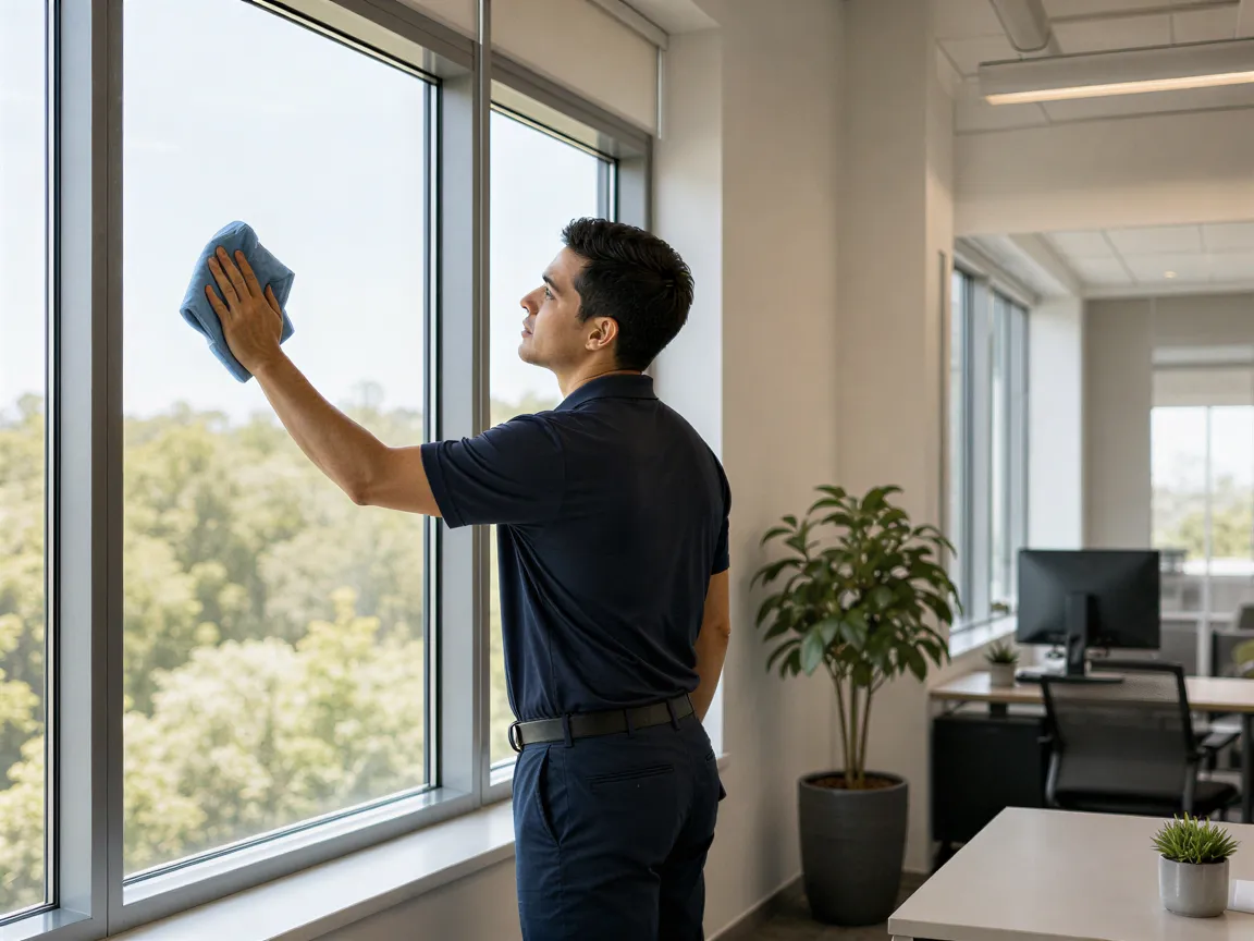 Ein Reinigungskraft wischt sorgfältig ein großes Fenster in einem hellen und ordentlichen Büro.