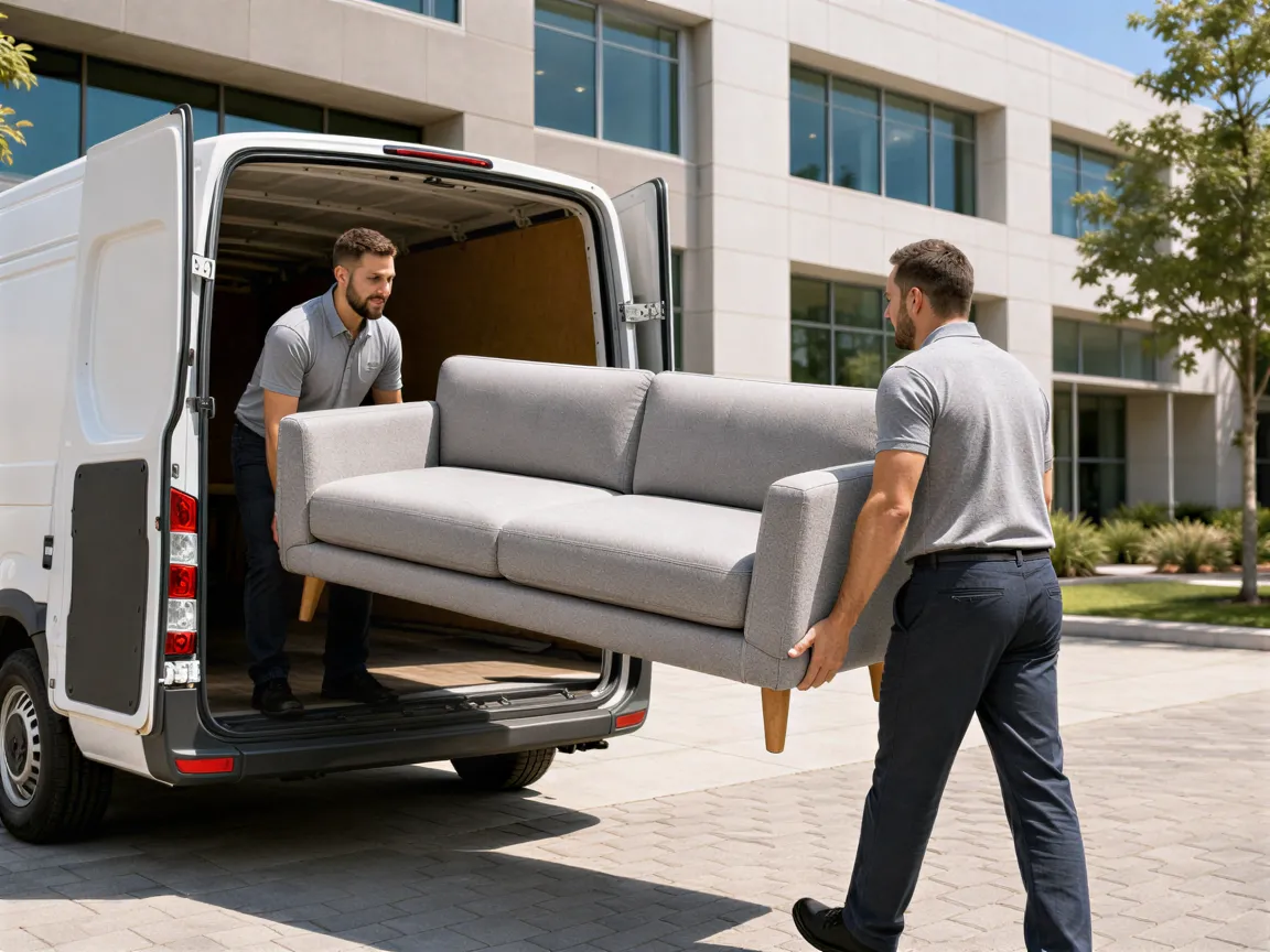 Ein professionelles Umzugsteam lädt ein modernes Sofa aus einem weißen Transporter vor einem Bürogebäude aus.
