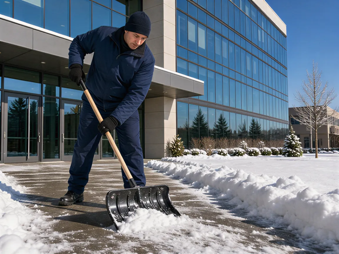 Ein Reinigungskräfte räumt mit einer Schaufel frischen Schnee vom Gehweg vor einem modernen Bürogebäude.