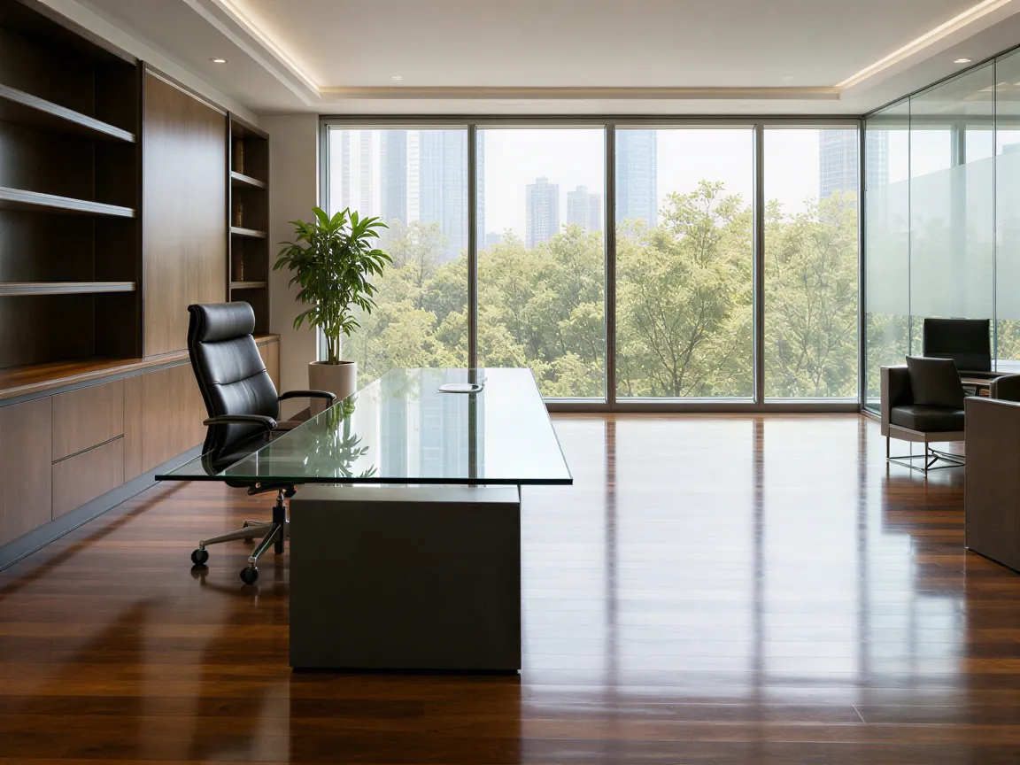 Ein modernes Büro mit sauberen Glasflächen, Holzboden und minimalistischer Einrichtung nach der Reinigung.