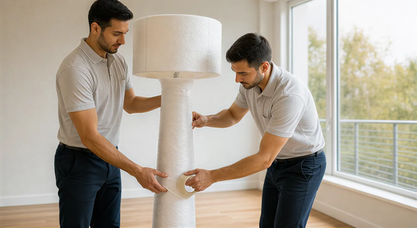 Zwei Umzugshelfer wickeln sorgfältig eine große Stehlampe in weiße Schutzfolie ein.