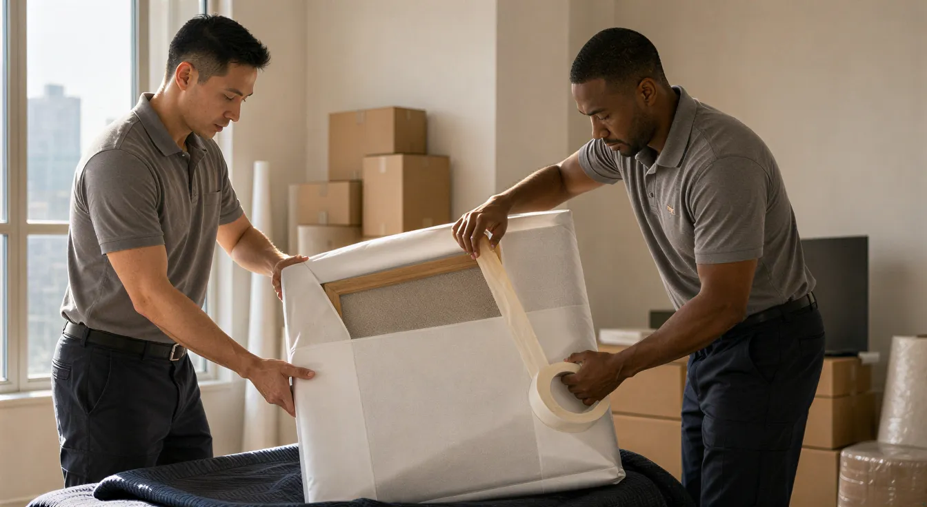 Zwei Umzugshelfer verpacken sorgfältig ein großes gerahmtes Gemälde in schützendes Packpapier in einer modernen Wohnung.