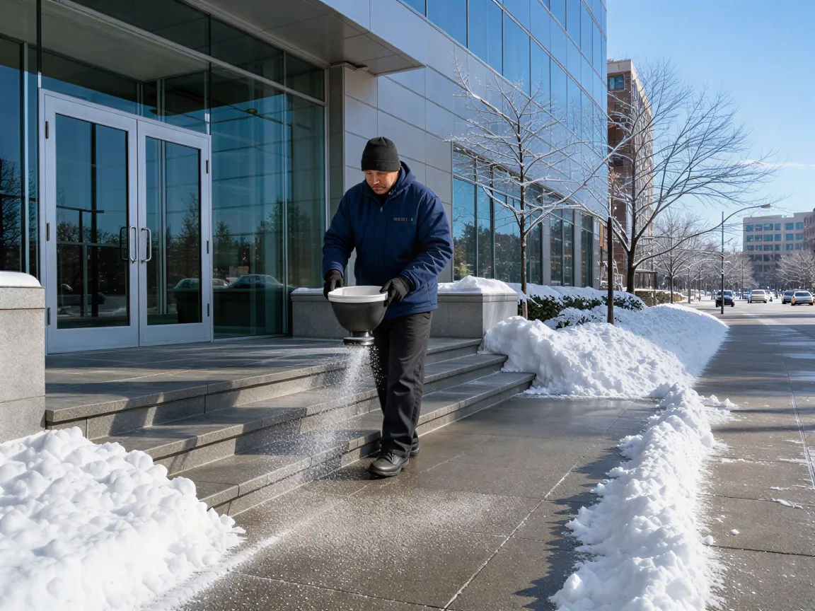 Ein Arbeiter streut Salz auf einen geräumten Gehweg vor einem Bürogebäude nach einem Schneefall.