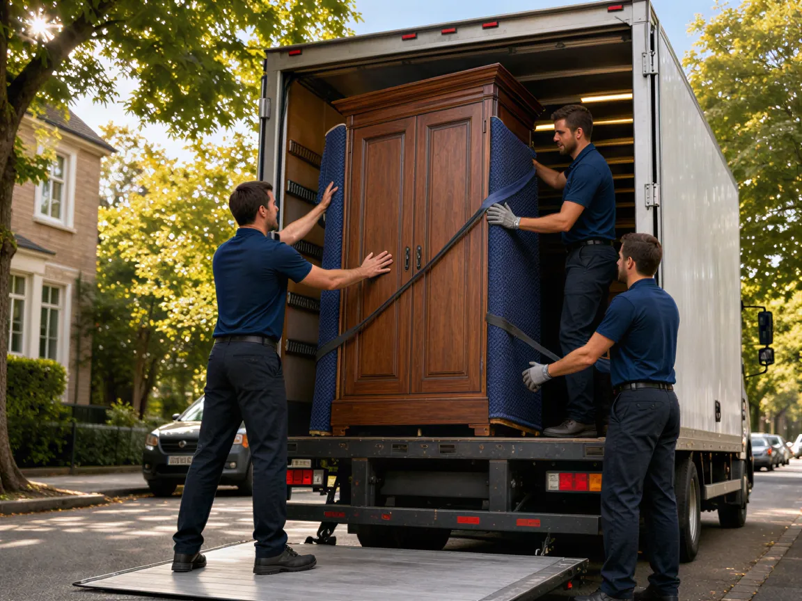 Drei Umzugshelfer in blauen Polohemden sichern einen großen Holzschrank im Laderaum eines Umzugswagens.