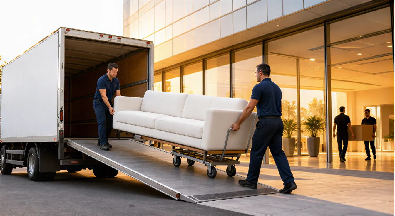 Zwei Umzugshelfer schieben ein weißes Sofa auf einem Möbelwagen die Rampe eines Umzugslasters hinunter.