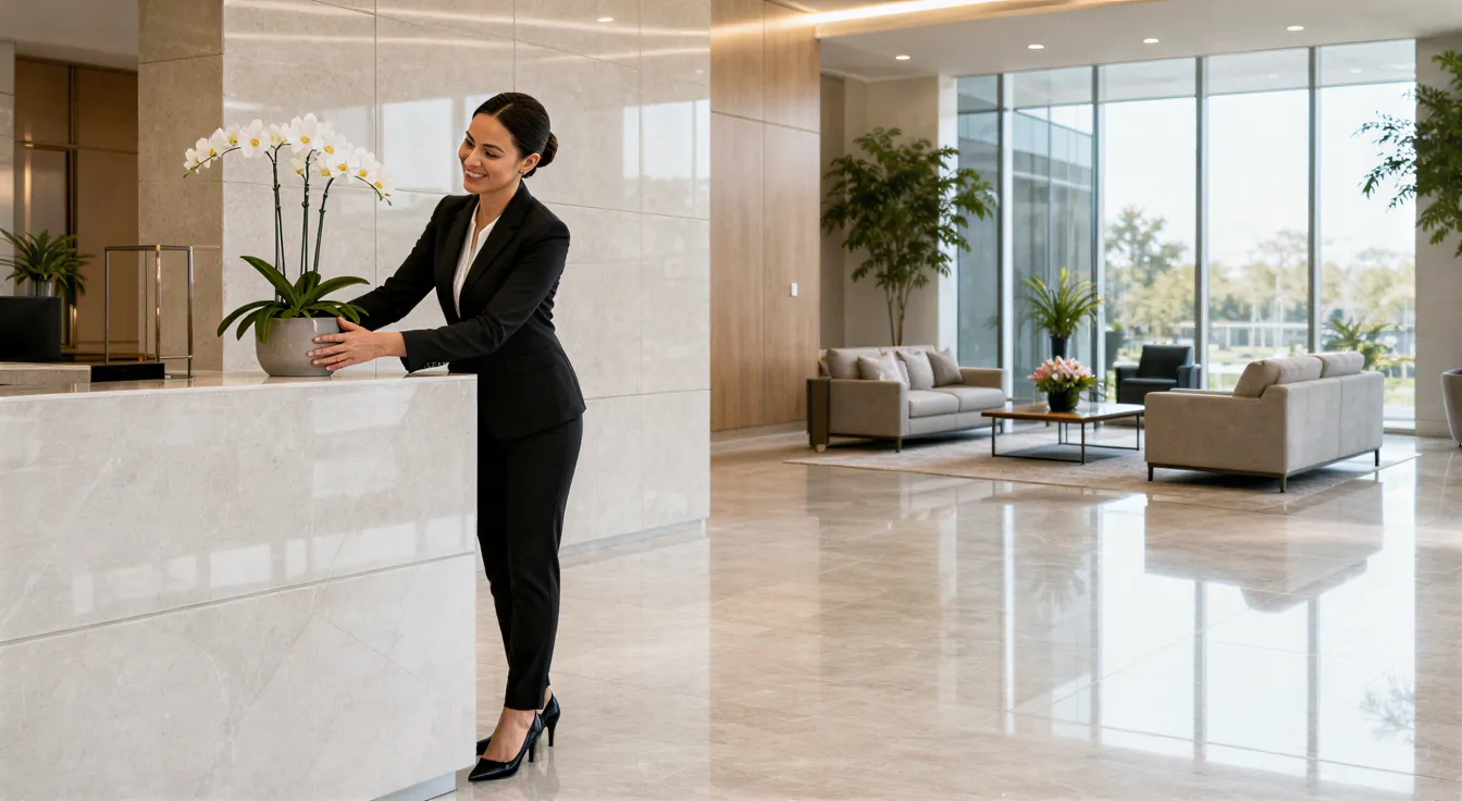 Eine Frau in Geschäftskleidung stellt eine Orchidee auf den Empfangstresen eines sauberen, minimalistischen Bürofoyers.