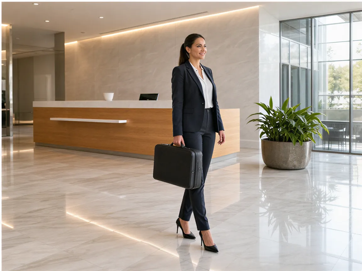 Eine professionelle Frau steht in einer makellosen Bürolobby mit glänzendem Marmorboden und modernem Empfangstresen.