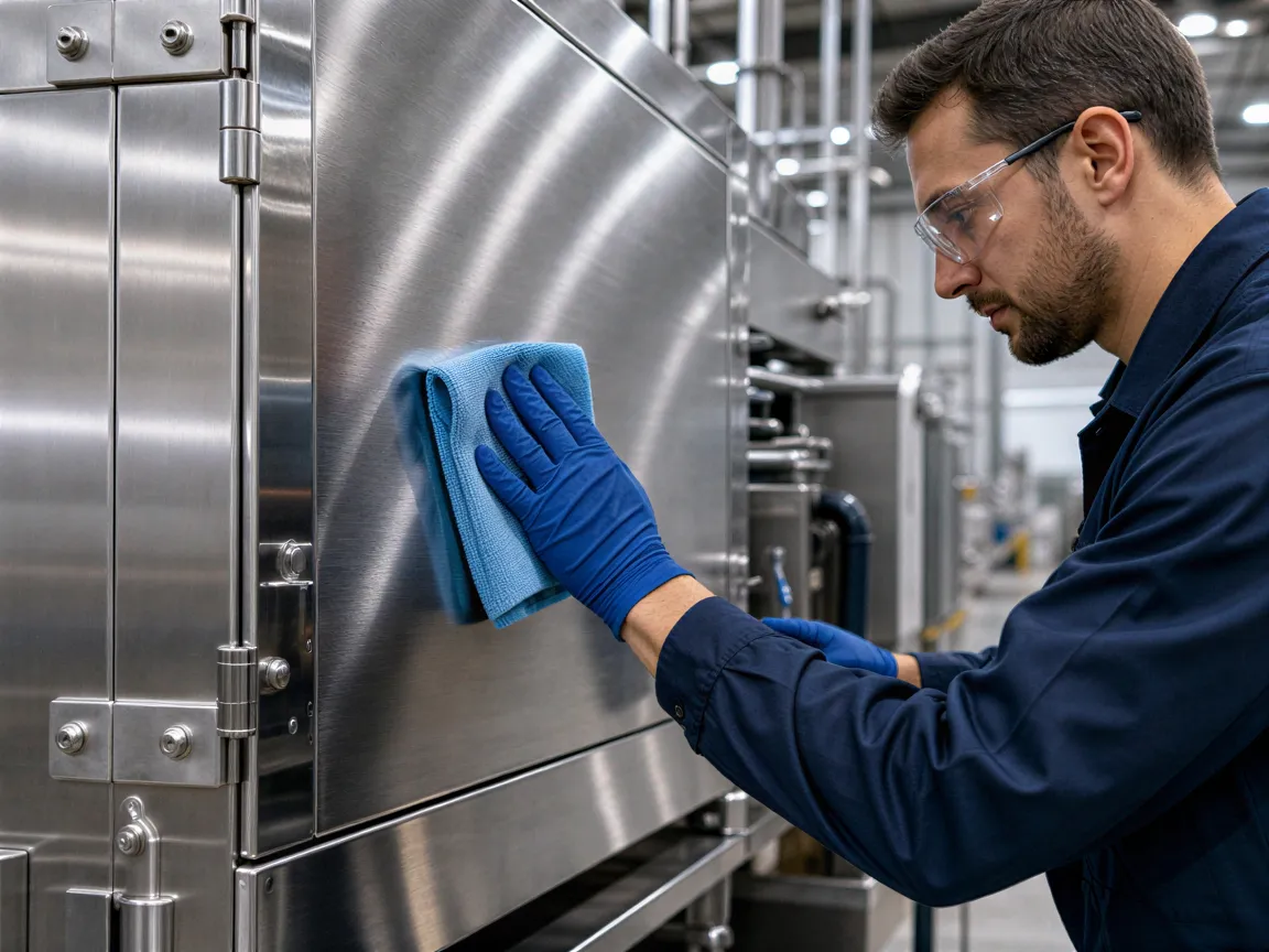 Ein Arbeiter poliert mit einem Mikrofasertuch eine große, matte Edelstahlfläche an einer Industrieanlage.