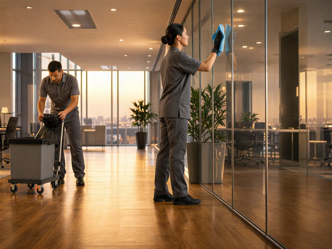 Zwei Reinigungskräfte in grauen Uniformen arbeiten in einem modernen Büro, einer poliert Glas, der andere leert einen