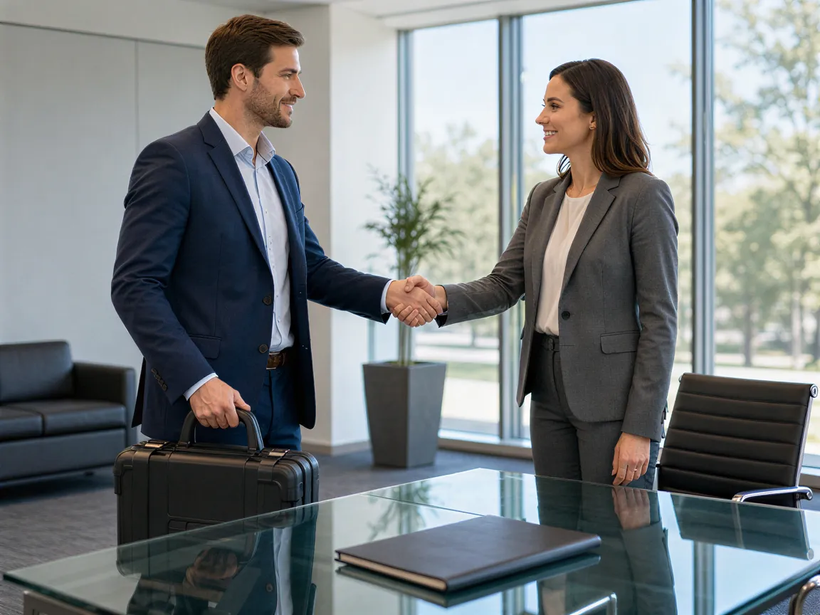 Ein Mann und eine Frau schütteln sich die Hände über einem Glastisch in einem modernen Büro.