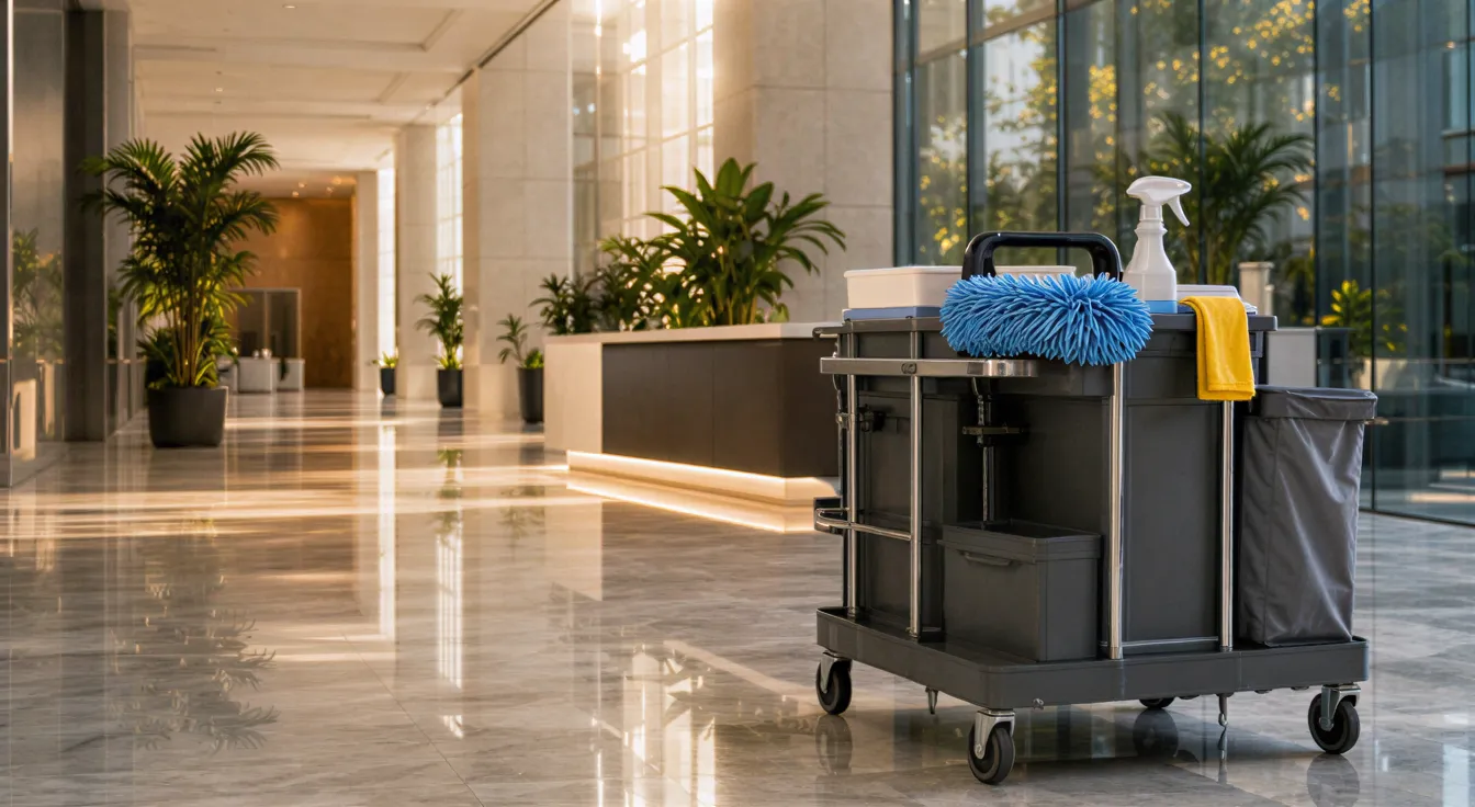 Ein Reinigungswagen auf poliertem Marmorboden in einer sonnendurchfluteten, minimalistischen Hotellobby