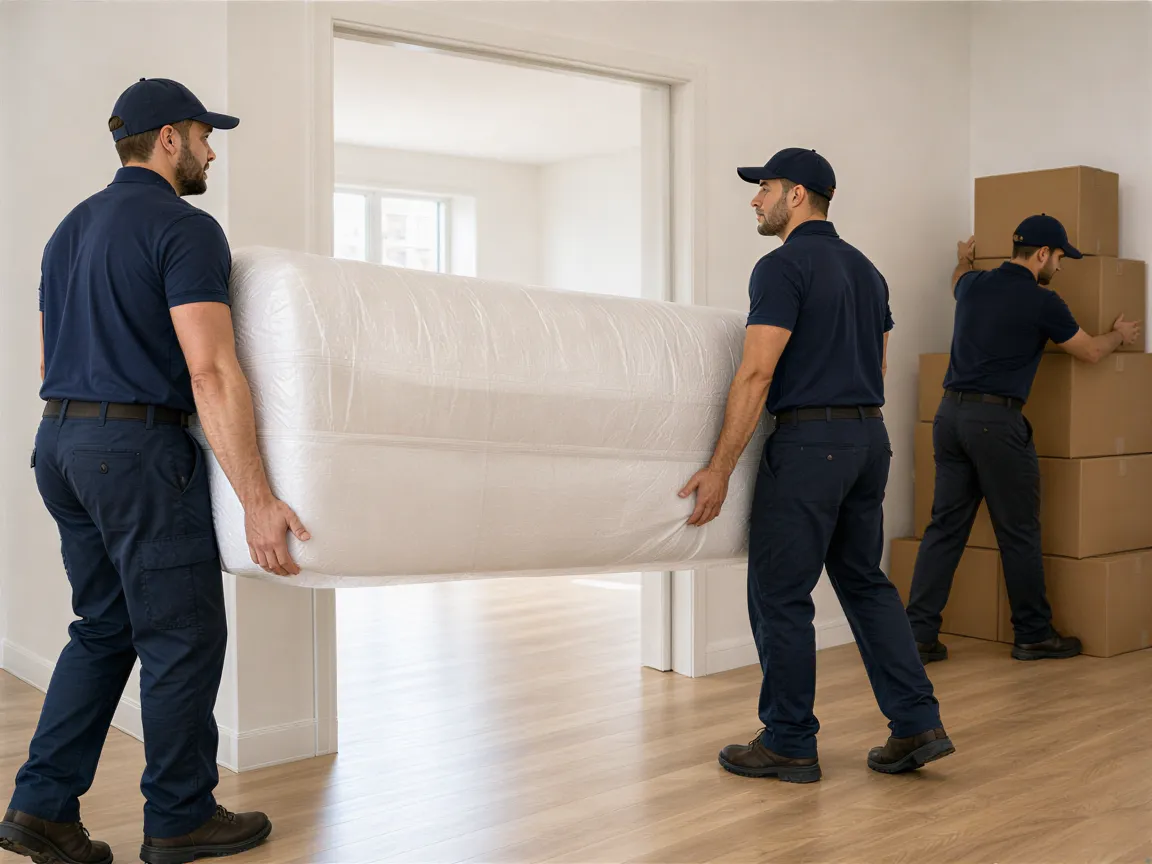 Drei Umzugshelfer in einem modernen Apartment, zwei tragen ein gepolstertes Sofa, einer stapelt Kartons.