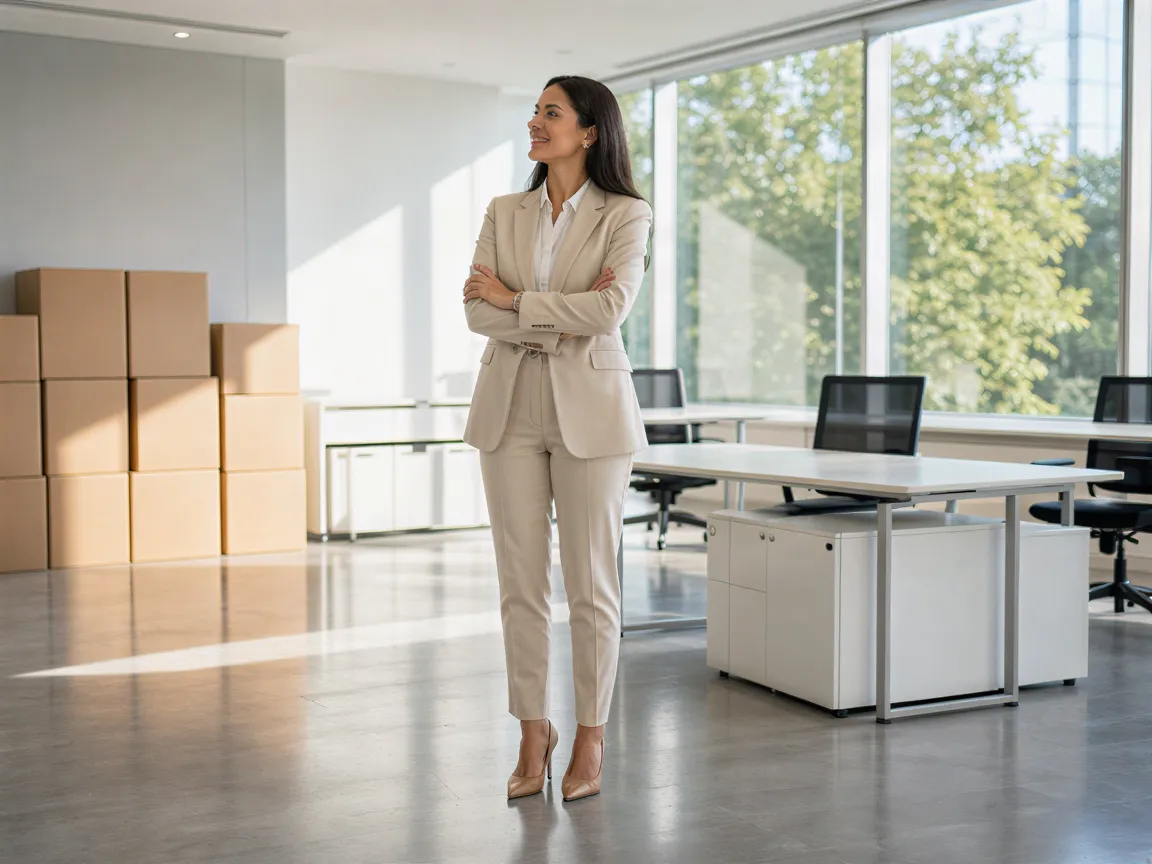 Eine professionelle Frau steht zufrieden in einem sauberen, minimalistischen Büro mit leeren Schreibtischen und geordneten