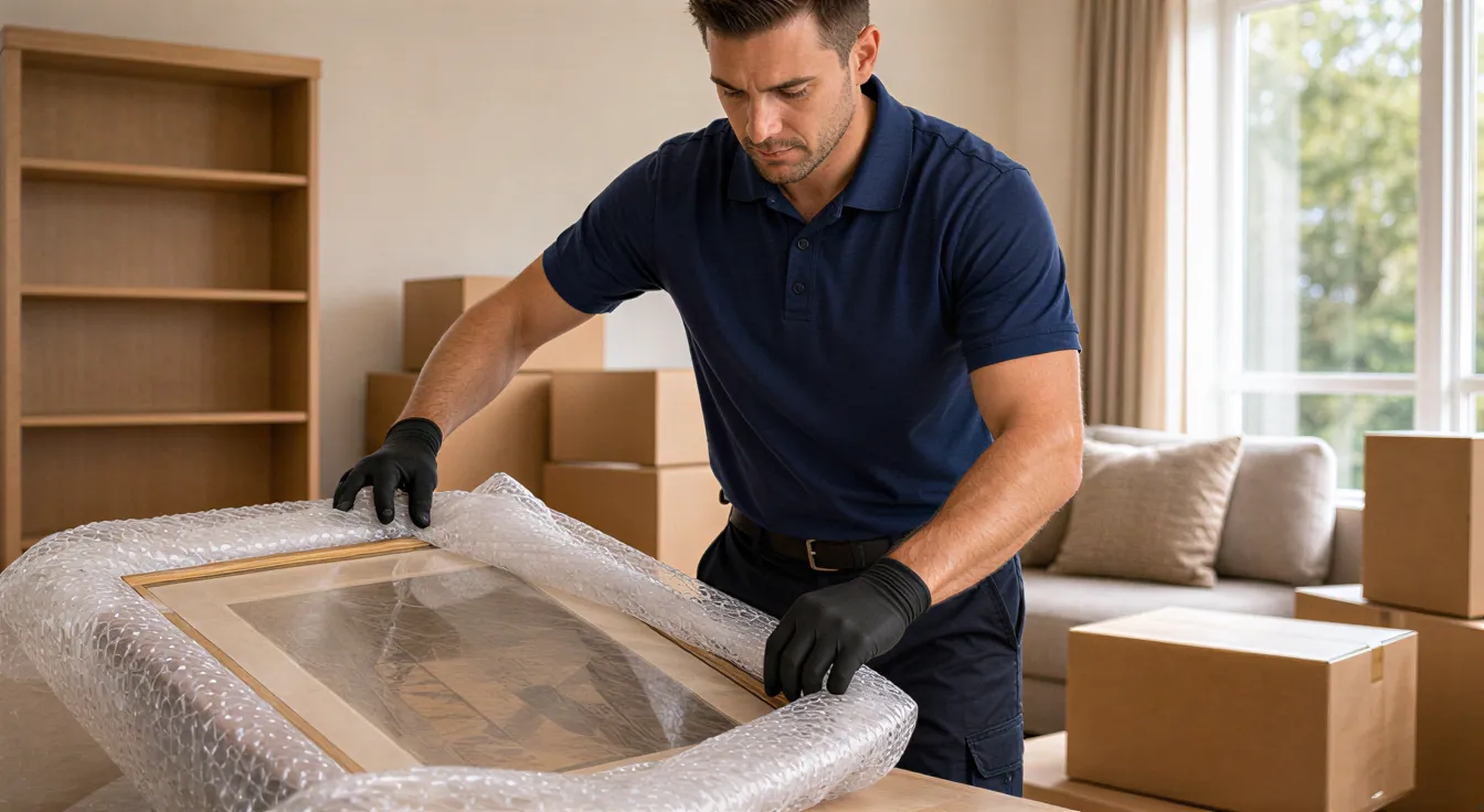 Ein Umzugsmitarbeiter in sauberer Uniform schützt ein gerahmtes Kunstwerk mit Luftpolsterfolie in einem hellen Wohnzimmer.