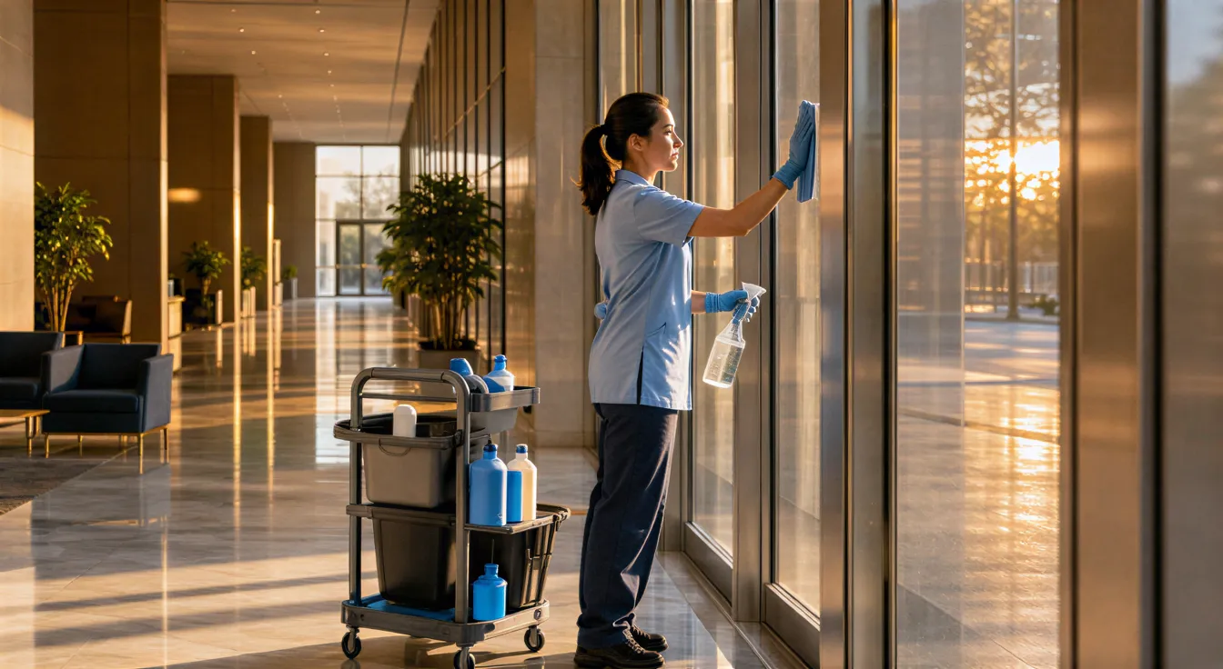 Ein Reinigungstechniker in hellblauer Uniform poliert die Glastüren einer modernen Bürolobby.