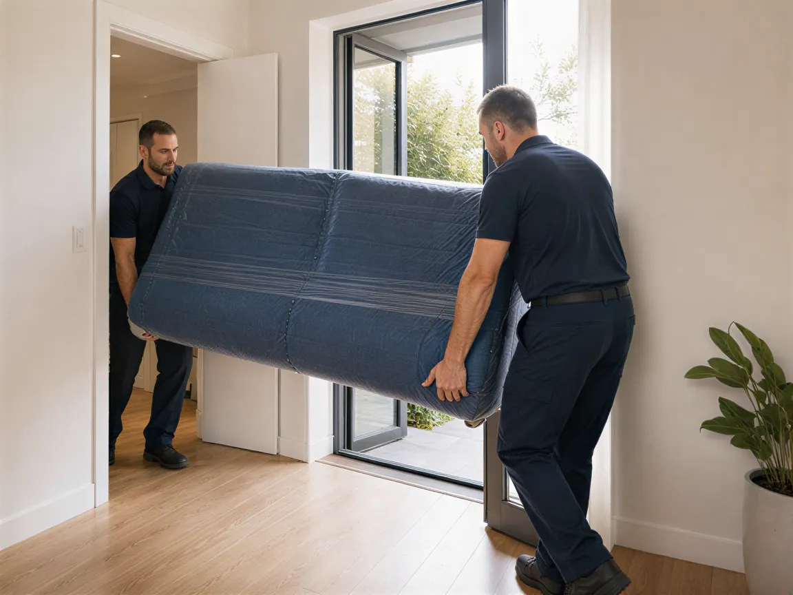 Ein Umzugsteam trägt sorgfältig ein großes, in Decken gehülltes Sofa durch die Tür einer hellen Wohnung.