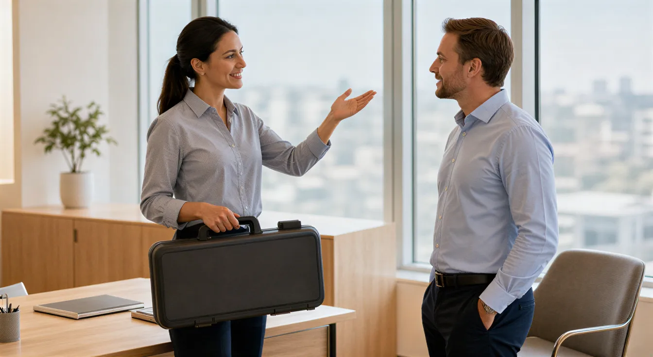 Eine Frau in Businesskleidung zeigt einem aufmerksamen Mann eine Werkzeugtasche in einem hellen, minimalistischen Büro.