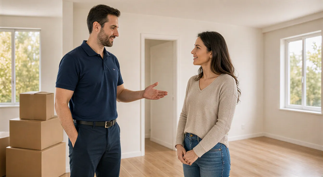 Ein Berater und eine Kundin besprechen den Umzug in einem leeren, sonnendurchfluteten Wohnzimmer mit gepackten Kartons.