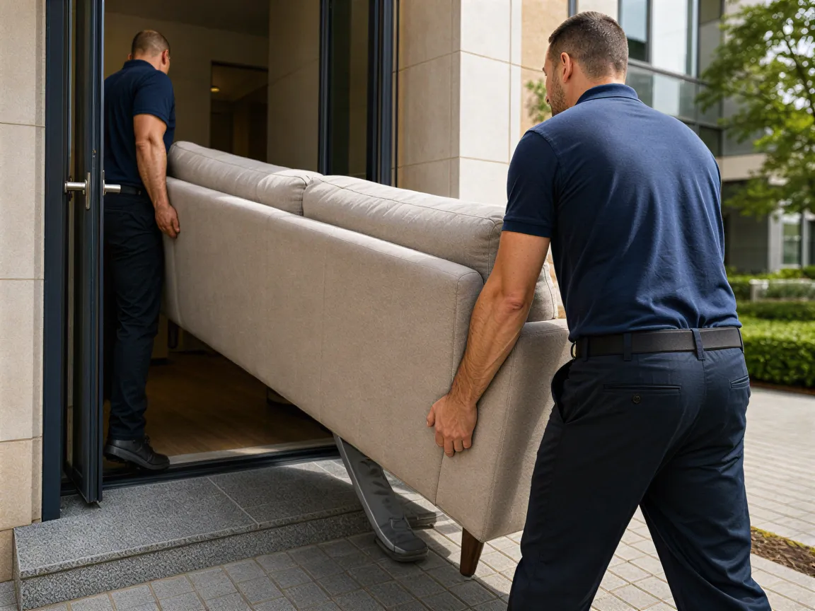 Ein Umzugsteam trägt ein großes Sofa durch die Eingangstür eines modernen Wohngebäudes.