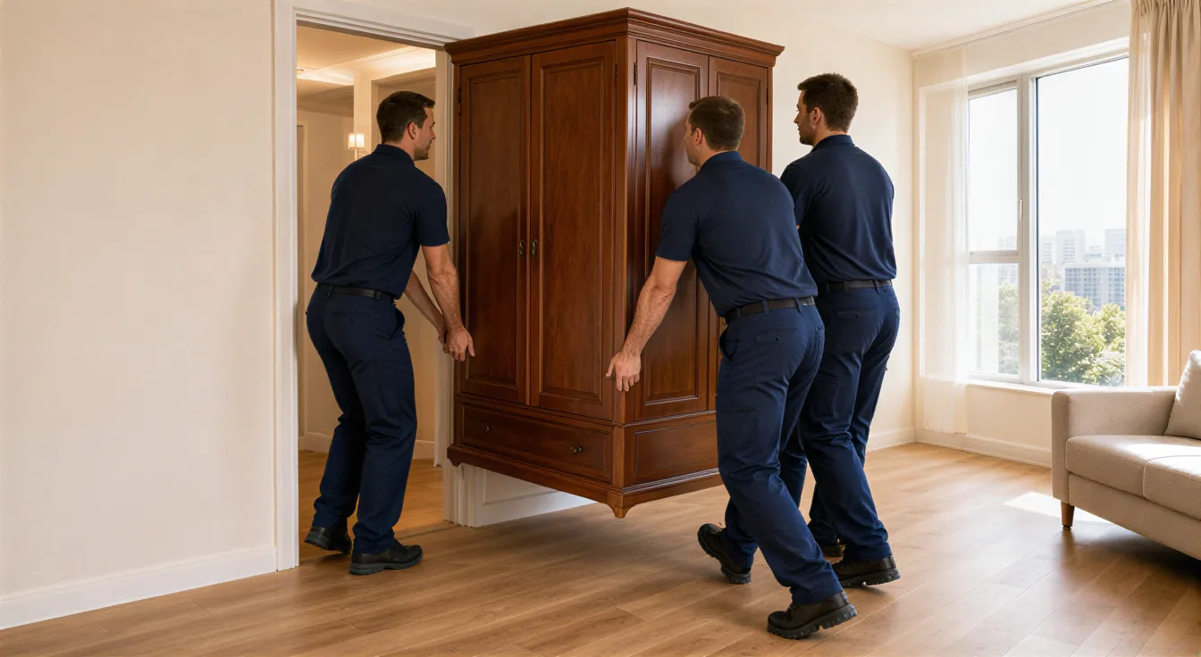 Drei Umzugshelfer in blauer Arbeitskleidung tragen einen großen Holzschrank in eine helle moderne Wohnung.