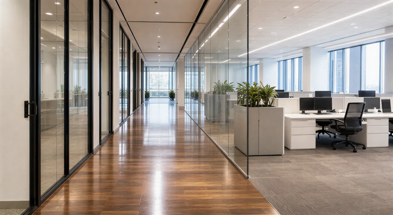 Ein leerer, moderner Büroflur mit polierten Holzböden und großen Fenstern nach der Reinigung.