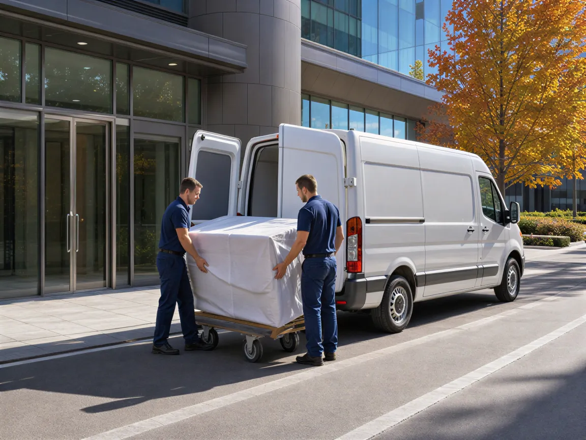 Zwei Umzugshelfer laden ein großes Möbelstück vor einem modernen Bürogebäude aus einem weißen Transporter.