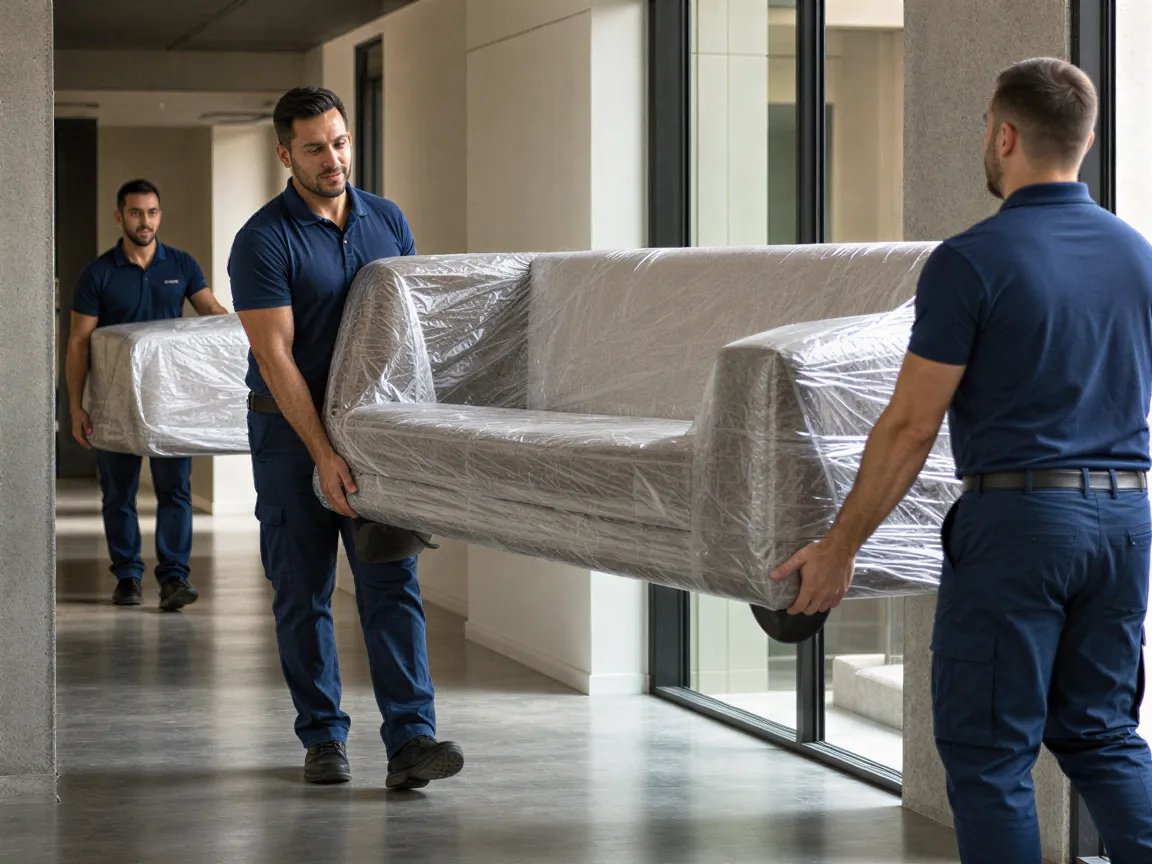 Ein Umzugsteam trägt ein sorgfältig verpacktes Sofa durch einen hellen Flur eines modernen Wohngebäudes.
