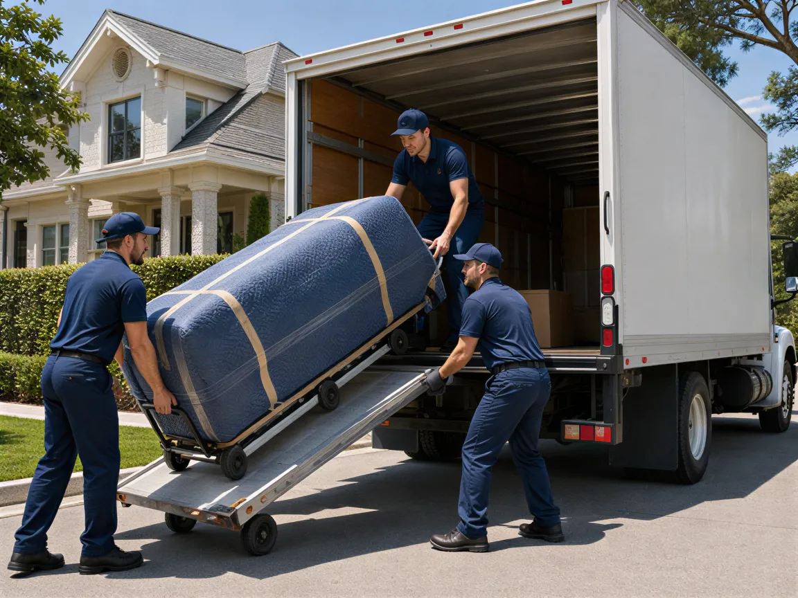 Drei Umzugshelfer in dunkelblauen Uniformen laden ein großes, eingepacktes Sofa in einen modernen Umzugswagen.