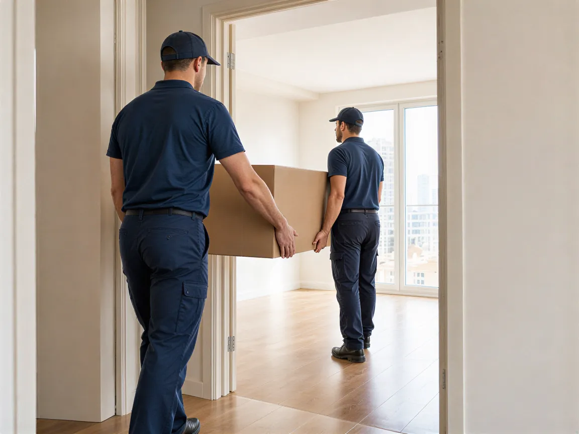 Zwei Umzugshelfer tragen einen großen Karton durch einen hellen, modernen Wohnungsflur.