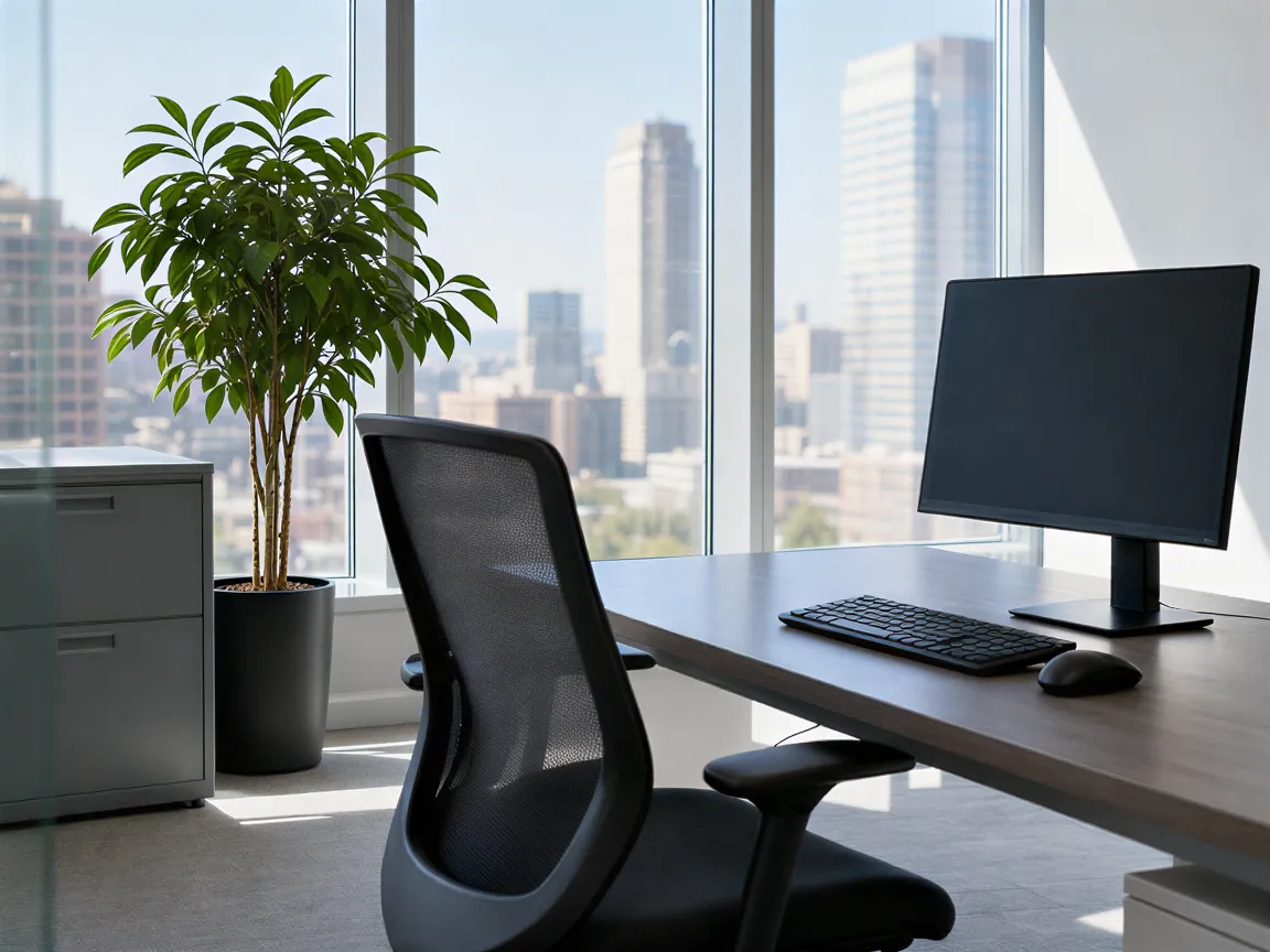 Ein leerer ergonomischer Stuhl an einem minimalistischen Schreibtisch in einem sauberen Büro mit Morgenlicht.