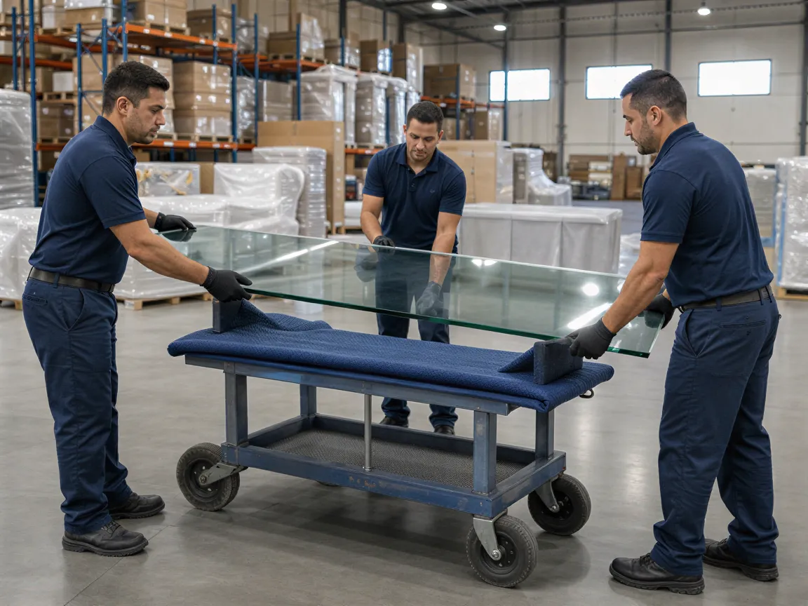 Drei Umzugshelfer in blauen Uniformen laden eine große Glasscheibe auf einen gepolsterten Transportwagen in einem Lagerhaus.
