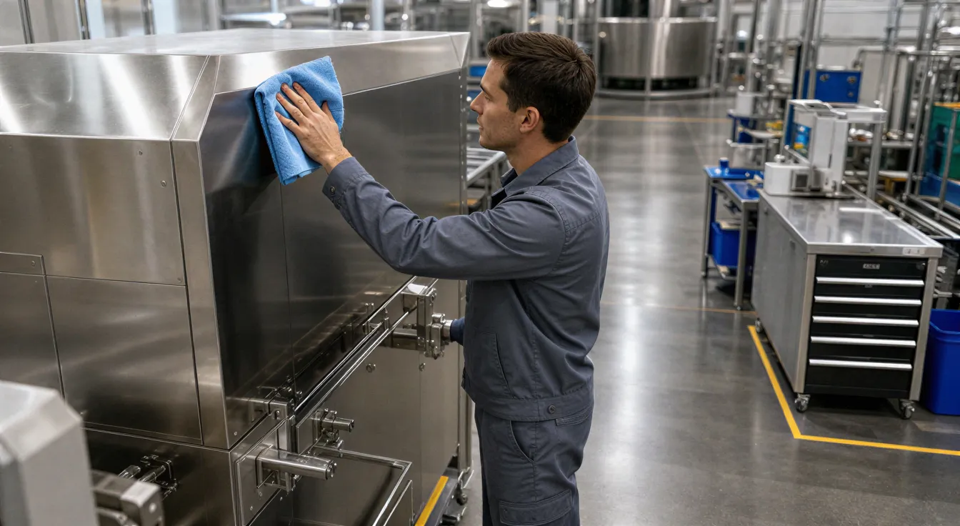 Ein Arbeiter in grauer Uniform reinigt eine große Edelstahlmaschine in einer sauberen Industriehalle.